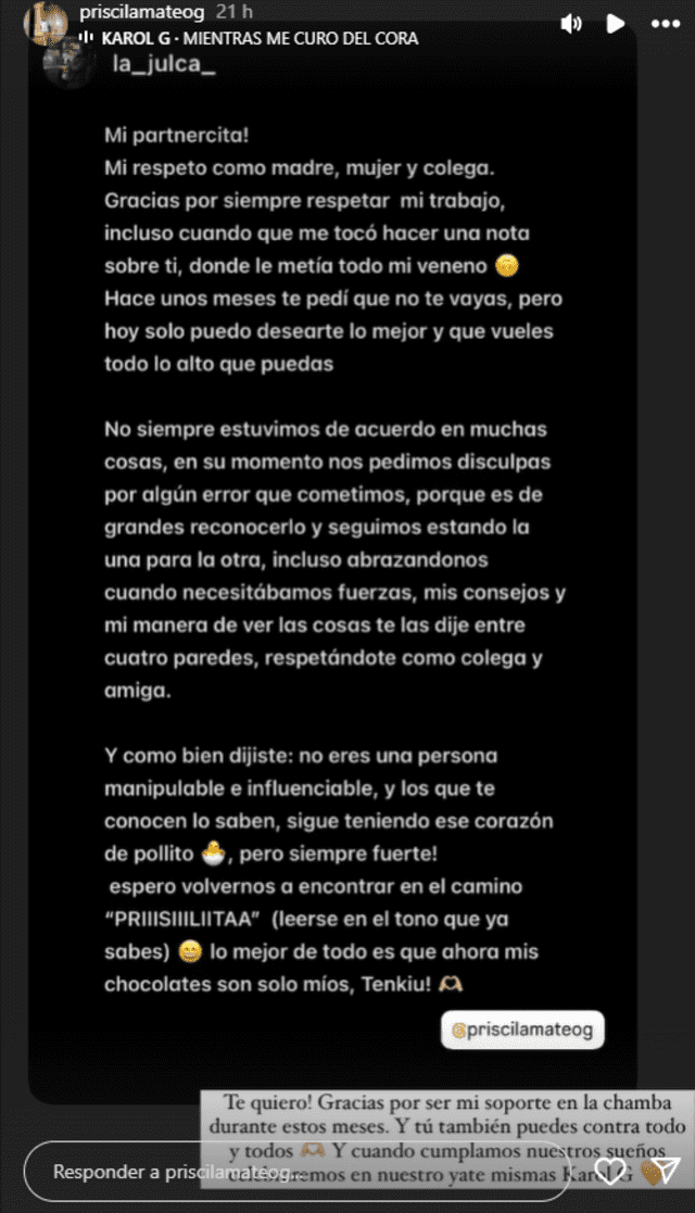 Mensaje de apoyo de Nataly Julca a Priscila Mateo. Foto: Instagram. Mensaje de apoyo de Nataly Julca a Priscila Mateo. Foto: Instagram.